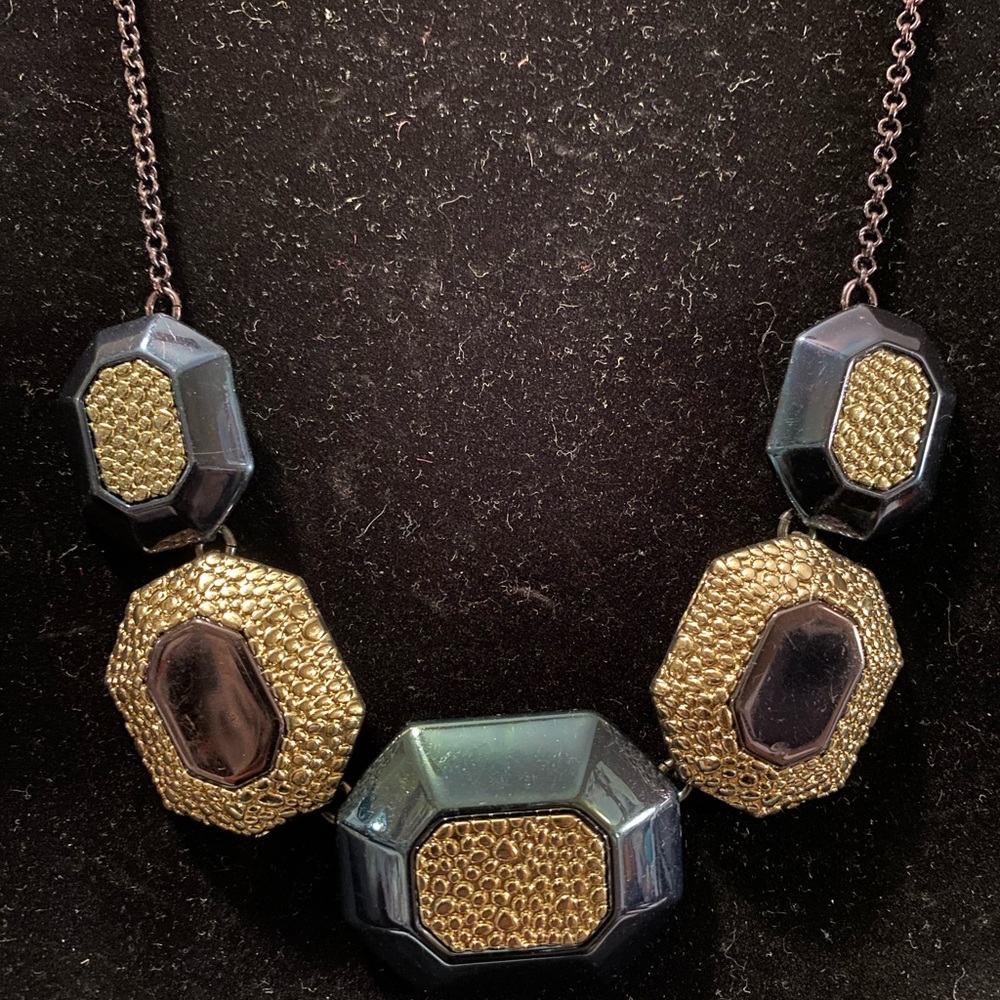 Black Octagon & Hammered Silver Necklace | Geometric Statement - Picture 6 of 8